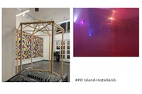 two pictures of a room with a light and a speaker